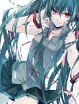  green_hair hatsune_miku long_hair looking_at_viewer noka_(blackheart1118) red_eyes skirt smile solo twintails very_long_hair vocaloid 