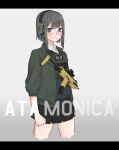  absurdres artist_name atamonica blush clenched_hands cowboy_shot eyebrows_visible_through_hair glasses grey_hair gun h&amp;k_mp7 headset highres jacket military original simple_background skirt submachine_gun tongue tongue_out violet_eyes weapon 