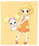  blonde_hair blush blush_stickers brown_eyes candy_(smile_precure!) child creature dress highres kise_yayoi mary_janes orange_dress precure shoes short_hair smile smile_precure! socks time_paradox wara_(warapro) yellow_background young 