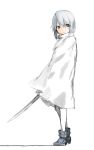  bad_id blue_eyes blue_hair boots cape coh expressionless magical_girl mahou_shoujo_madoka_magica miki_sayaka short_hair simple_background solo standing sword weapon white white_background 