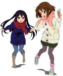  boots brown_hair coat fashion food hair_ornament highres hirasawa_yui holding_hands ice_cream jacket jeans k-on! legwear_under_shorts nakano_azusa official_art open_mouth pantyhose running scarf shoes short_hair shorts sneakers twintails 