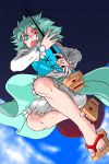  :p aki_(699699) aqua_hair bloomers falling from_below geta heterochromia no_socks sandals short_hair sky solo tatara_kogasa tongue tongue_out touhou 