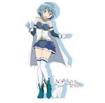  belt blue_eyes blue_hair blush buckle cape creature elbow_gloves frills gloves high_heels kyubey magical_girl mahou_shoujo_madoka_magica miki_sayaka open_mouth red_eyes rp_(necho) shoes short_hair skirt thigh-highs thighhighs 