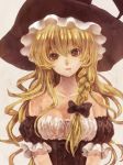  bare_shoulders blonde_hair bow braid breasts brown_eyes bust face hat hat_bow highres kanro_(dear27) kirisame_marisa long_hair ribbon single_braid solo touhou witch witch_hat 
