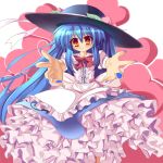  blue_hair blush bow dress food frills fruit gathers hat heart hinanawi_tenshi long_hair looking_at_viewer nail_polish outstretched_hand peach petticoat red_eyes smile solo tinkvov touhou very_long_hair 
