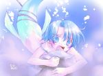 artist_request blue_hair copyright_request crying fishing_line mermaid monster_girl noto_(soranoto) open_mouth short_hair signature underwater 