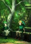  1girl akahige_322-gou belt boots green_eyes green_hair hair_intakes hat instrument link nintendo ocarina ocarina_of_time pantyhose pointy_ears ruins saria shield short_hair sitting stairs sword the_legend_of_zelda tree tunic weapon 