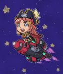  bentenmaru blue_eyes calpara chibi hat katou_marika long_hair miniskirt_pirates open_mouth pink_hair pirate_hat pointing solo space spacesuit star 