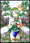  alternate_hairstyle asymmetrical_clothes bad_id ballpoint_pen_(medium) closed_eyes colored_pencil_(medium) daiyousei dragon_quest dragon_quest_iv eyes_closed flower_field green_hair hair_ribbon heroine_(dq4)_(cosplay) mismatched_legwear ribbon smelling_flower solo tosihakikumanori touhou traditional_media tree wings 