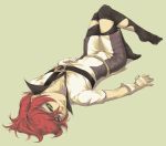  bad_id gloves green_eyes inazuma_eleven inazuma_eleven_(series) kiyama_hiroto lips male on_back red_hair redhead shiro_(reptil) simple_background solo thigh-highs thighhighs torn_thighhighs 