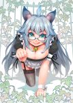  :q ahoge all_fours animal_ears apron aqua_eyes bell blue_hair breasts cat_ears cleavage copyright_request garter_straps glasses green_eyes happa_(cloverppd) long_hair maid original solo thigh-highs thighhighs tongue very_long_hair wrist_cuffs 