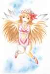  alternate_costume angel_leotard ankle_cuffs brown_eyes brown_hair choker colored_pencil_(medium) foreshortening hat leotard lily_white navel navel_cutout reaching sky solo tosihakikumanori touhou traditional_media wings 