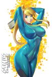  arms_up blonde_hair blue_eyes bodysuit bokuman breasts character_name curvy gun impossible_clothes lips metroid nintendo ponytail samus_aran solo text weapon zero_suit 