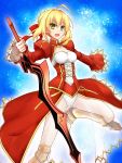  aestus_estus ahoge blonde_hair breasts cleavage cleavage_cutout fate/extra fate_(series) green_eyes open_mouth red-eyes_macadamiachoco saber_extra solo sword weapon 