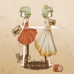  back-to-back cat chaki_(chakan) daruma_doll dual_persona green_eyes green_hair gumi looking_to_the_side mini_crown pointer profile sign vocaloid 
