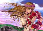  arm_ribbon blonde_hair character_request cloud clouds drill_hair earrings field floating_hair flower holding jewelry long_hair open_mouth ribbon ribbon_choker rose sky smile solo tamari_(flawless) twilight versailles_no_bara wind wreath 