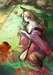  bare_shoulders breasts brown_hair closed_eyes collarbone eyes_closed flower fox_ears fox_tail japanese_clothes kimono long_hair lying narongchai_singhapand off_shoulder on_side original tail water 