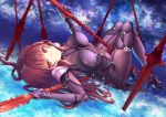  1girl armor bodysuit breasts covered_navel fate/grand_order fate_(series) gae_bolg garutaisa highres holding holding_weapon large_breasts long_hair looking_at_viewer lying on_back pauldrons polearm purple_bodysuit purple_hair red_eyes scathach_(fate/grand_order) shoulder_armor spear very_long_hair weapon 