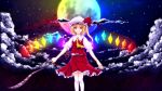  blonde_hair cloud clouds colorful dress flandre_scarlet full_moon glowing glowing_wings hat highres laevatein masa07240 moon night red_eyes side_ponytail smile solo thigh-highs thighhighs touhou white_legwear wings 