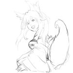  animal_ears caster_(fate/extra) detached_sleeves fang fate/extra fate_(series) fox_ears fox_tail monochrome pandaga sketch solo tail twintails 