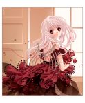  bare_shoulders copyright_request flower long_hair petals pink_hair red_eyes red_string rose string wings 
