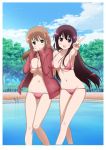  bikini blue_sky blush breasts brown_hair cloud clouds green_eyes highres large_breasts long_hair matsumi_kuro matsumi_yuu multiple_girls navel official_art pool purple_eyes purple_hair reflection saki saki_achiga-hen siblings sisters sky smile swimsuit tree v violet_eyes 