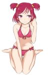  bad_id barefoot bikini front-tie_top hair_bobbles hair_ornament looking_away minazuki_randoseru navel precure purple_eyes red_hair redhead simple_background sitting solo sweatdrop swimsuit twintails violet_eyes wariza wavy_mouth white_background yes!_precure_5 yumehara_nozomi 