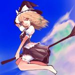  barefoot braid broom broom_riding grin hand_on_hat hat kirisame_marisa long_hair looking_at_viewer smile solo suisai touhou witch witch_hat 