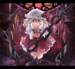  blonde_hair chain chained chains cuffs flandre_scarlet hair_ribbon hands_on_own_cheeks hands_on_own_face hat highres laevatein letterboxed lunica magic_circle open_mouth pillar red_eyes ribbon short_hair side_ponytail skirt skirt_set skull smile solo stained_glass touhou wings wrist_cuffs 
