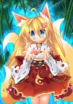 animal_ears bamboo bell blonde_hair blue_eyes choker flower fox_ears fox_tail highres jingle_bell long_hair looking_at_viewer original smile solo tail tinkvov 