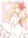  blonde_hair blue_eyes bow capelet dress fairy_wings hair_bow hands_on_own_chest hat kuromari_(runia) lily_white long_hair looking_at_viewer open_mouth pink_dress solo touhou translated translation_request wings 