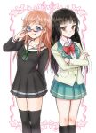  adjusting_glasses bespectacled black_hair blue_eyes blush chiaki_kurihara chiaki_kurihara_(cosplay) cosplay costume_switch crossed_arms glasses glasses_switch highres katou_marika katou_marika_(cosplay) long_hair miniskirt_pirates multiple_girls no_glasses orange_eyes orange_hair school_uniform takeuchi_aya thigh-highs thighhighs zettai_ryouiki 