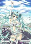  absurdres aqua_hair arm_up armpits asahina_kirin blue_eyes cloud clouds elbow_gloves fingerless_gloves gloves hand_on_hip hatsune_miku highres hips long_hair navel necktie open_mouth pointing race_queen racequeen racetrack sample skirt sky solo thigh-highs thighhighs traditional_media twintails very_long_hair vocaloid 