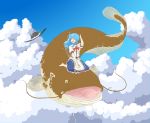  ahoge arm_up barefoot blouse blue_hair blue_sky bow catfish cloud clouds fish flying food fruit hat hat_removed hat_ribbon headwear_removed hinanawi_tenshi long_hair looking_away mmchocolate namazu open_hand open_mouth peach red_eyes ribbon riding sitting skirt sky solo touhou wariza wind 