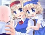  2girls a_(aaaaaaaaaaw) alice_margatroid alice_margatroid_(pc-98) blonde_hair blue_eyes blush bow breasts brush chair doll dress hair_bow hair_ribbon hairband long_sleeves multiple_girls open_mouth ribbon short_hair short_sleeves sitting skirt smile suspenders time_paradox touhou touhou_(pc-98) 