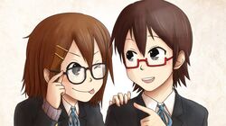  bad_id bespectacled black-framed_glasses bonjin brown_eyes brown_hair glasses hirasawa_yui k-on! manabe_nodoka multiple_girls red-framed_glasses school_uniform semi-rimless_glasses short_hair tongue under-rim_glasses wink 