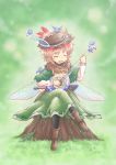  bird black_legwear blush boots capelet clover crossed_legs dagger dress green_background hat instrument legs_crossed open_mouth original pantyhose pink_hair playing pointy_ears sheath sitting solo viva!! weapon wings 