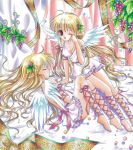  angel_wings blonde_hair brown_eyes cross-laced_clothes curtains food fruit grapes hair_ornament long_hair marker_(medium) mini_wings original pastel_(medium) pointy_ears ribbon siblings sleeping small_wings tegaki_no_yuu traditional_media twins very_long_hair waking_up wings wink 