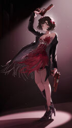  1girl absurdres black_hair commentary dress dual_wielding english_commentary finger_on_trigger full_body gun handgun high_heels highres holding holding_gun holding_weapon jacket open_clothes open_jacket pingfan_de_mao red_dress red_eyes reverse:1999 schneider_(reverse:1999) short_hair single_off_shoulder smile solo spotlight thigh_strap weapon 