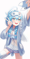  1girl :d absurdres ahoge aqua_eyes aqua_nails arahashi_tabi arm_up babydoll blue_babydoll blue_cardigan blue_hair blush breasts cardigan ce_cil cellphone commentary_request double-parted_bangs fingernails foreshortening frilled_babydoll frilled_cardigan frilled_shorts frills full_body hair_intakes hand_up highres holding holding_phone korean_commentary long_hair long_sleeves looking_at_phone looking_up mask mask_on_head nail_polish navel open_cardigan open_clothes phone selfie short_shorts shorts simple_background sleep_mask sleepwear smartphone smile solo stellive v virtual_youtuber white_babydoll white_background white_shorts 