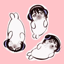  1girl alien_stage black_eyes black_hair bob_cut commentary english_commentary hair_between_eyes headphones highres looking_at_viewer potpourroot seal_(animal) short_hair solo sua_(alien_stage) whiskers 