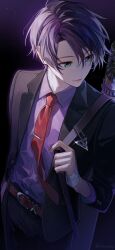  1boy artist_name bandaged_hand bandages belt belt_buckle black_jacket black_pants black_suit brown_belt buckle collared_shirt colored_eyebrows dress_shirt green_eyes highres jacket kenmochi_touya laruchip long_sleeves looking_to_the_side male_focus necktie nijisanji open_clothes open_jacket pants parted_lips purple_hair purple_shirt red_necktie shirt shirt_tucked_in short_hair solo suit twitter_username virtual_youtuber weapon_bag 