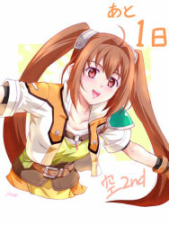  1girl antenna_hair armor artist_name brown_eyes commentary_request cropped_jacket eiyuu_densetsu estelle_bright hair_intakes open_mouth orange_skirt pauldrons red_eyes shoulder_armor simple_background skirt sora_no_kiseki sora_no_kiseki_sc twintails xiacheng_tatsuya 