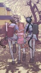  3girls agnes_digital_(umamusume) air_shakur_(umamusume) animal_ears back_bow bag black_bag black_hair bow brown_shoes dappled_sunlight from_behind full_body highres horse_ears horse_girl horse_tail long_hair looking_at_another looking_to_the_side low_twintails multiple_girls outdoors pappi photo_background pink_bag purple_bow purple_shirt red_bag school_bag school_uniform shirt shoes short_hair skirt summer_uniform sunlight tail tap_dance_city_(umamusume) thigh-highs tracen_school_uniform tree twintails umamusume walking white_skirt white_thighhighs 