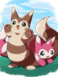  alternate_color brown_fur clouds day furret grass green_eyes hamidashicat no_humans open_mouth pink_fur pokemon pokemon_(creature) pokemon_focus shiny_and_normal shiny_pokemon smile twitter_username 