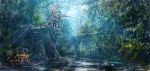  bicycle blonde_hair blue_eyes dress fishing_rod forest highres lm7_(op-center) nature original scenery short_hair solo tree water 
