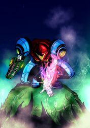  1girl absurdres arm_cannon armor blue_armor commentary english_commentary glowing_arm green_assault_visor helmet highres hill metroid metroid_ravenous multicolored_armor nebula normal_suit_(metroid) one_eye_covered power_suit_(metroid) red_armor red_helmet samus_aran science_fiction solo squatting star_(sky) starry_sky_background thegorondorf weapon white_armor 
