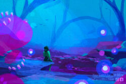  1girl colored_skin commentary english_commentary from_behind gem_(steven_universe) green_skin highres homeworld_gem_uniform landscape original outdoors peridot_facet_6c4t_cut_2xj scenery solo steven_universe thefaeriemerchant 