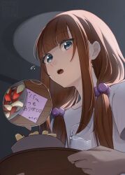  1girl apple apple_slice blue_eyes bowl brown_hair commentary food from_above fruit glass highres holding holding_tray indoors long_hair long_sidelocks looking_at_viewer looking_down low_twintails nijisanji note okome_(mai_okome_mai) open_mouth shirt short_sleeves sidelocks solo squeans translated tray twintails virtual_youtuber water watermark white_shirt yokaze_yui 
