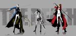  1girl 2boys bankai black_hair bleach cosplay dante dante_(cosplay) devil_may_cry devil_may_cry_3 gun heterochromia highres hollow_ichigo kuchiki_rukia kurosaki_ichigo lady lady_(cosplay) long_image multiple_boys orange_hair shirosaki_hichigo skirt sword touya_(pixiv4112744) vergil vergil_(cosplay) weapon white_hair wide_image 